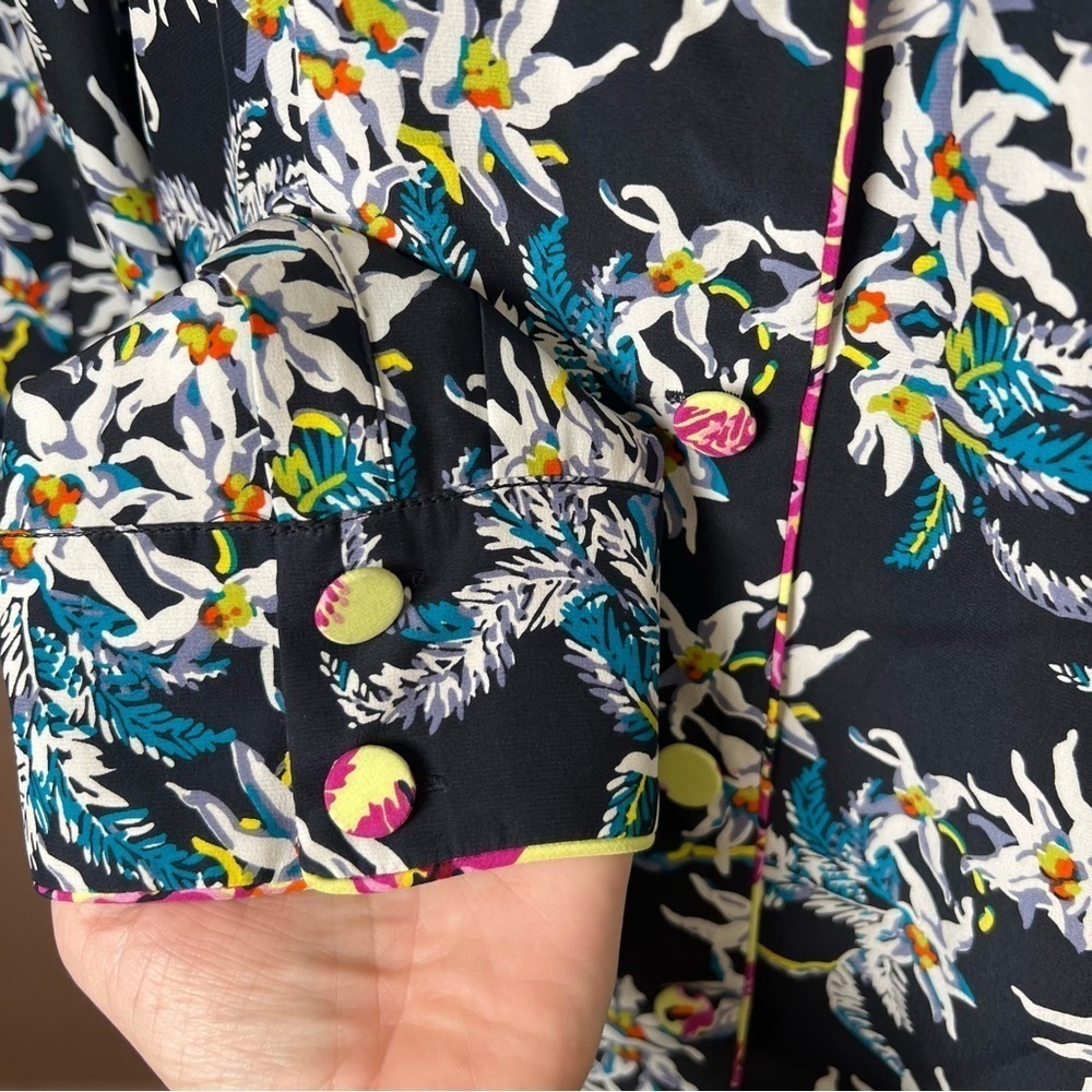 Cinq à Sept Floral Silk Button-Up Shirt Top Asian Pocket Collared Blouse Sz S - Picture 9 of 15